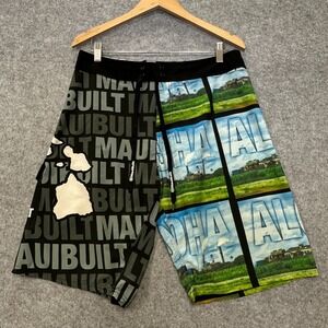 Maui Built Boardshorts Men Size 34 Grey Black Green Aloha Hawaiian Surf Swim EUC